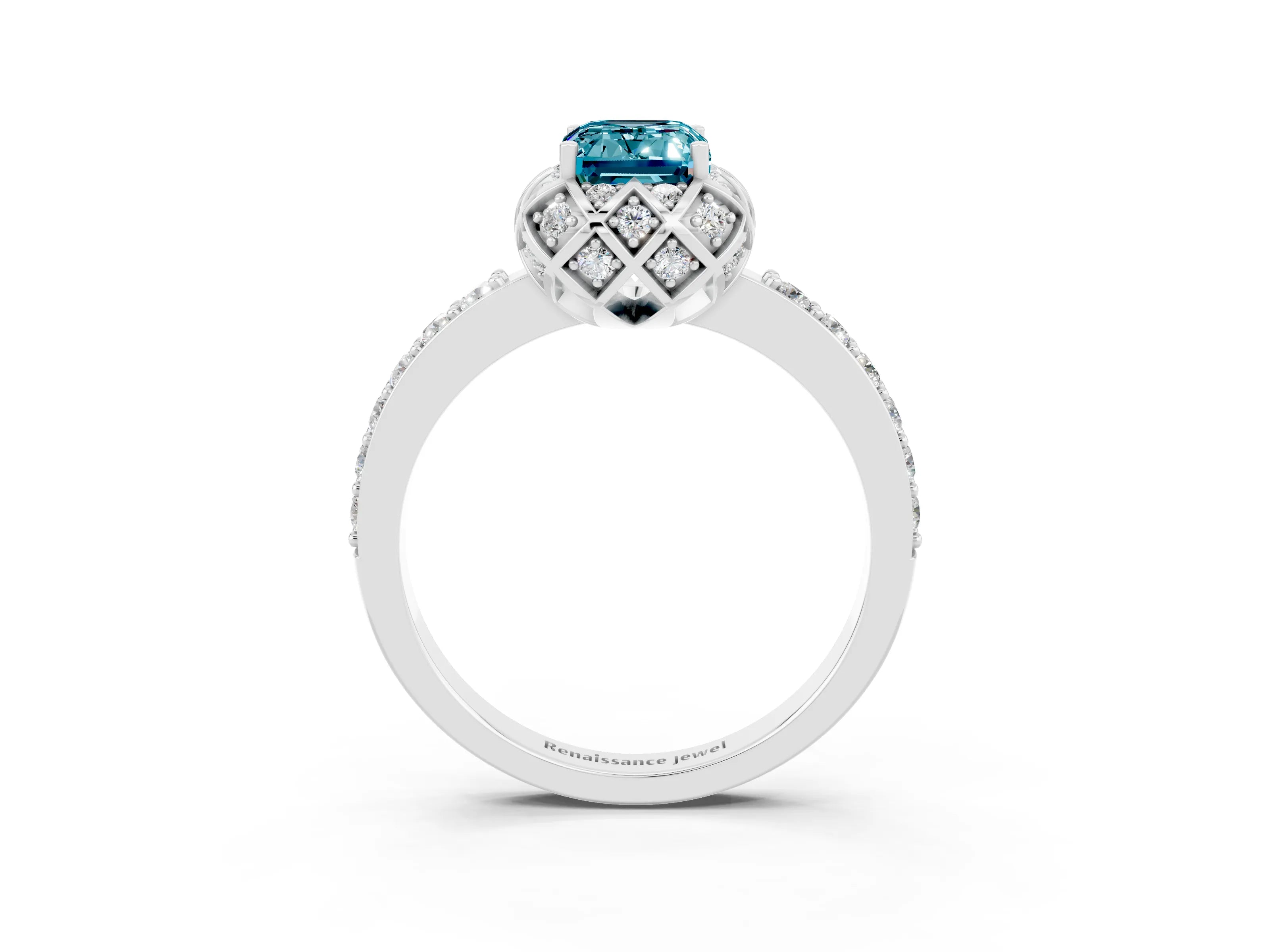 White gold Emerald Cut Diamond Solitaire Ring with Shared Prong Pavé Band_3