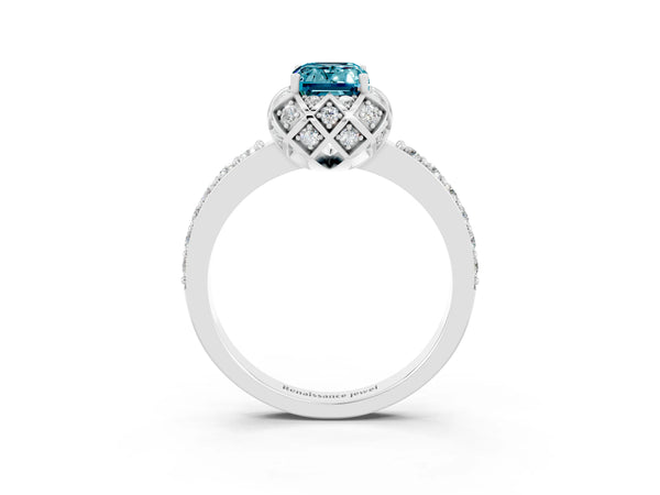 Silver Emerald Cut Diamond Solitaire Ring with Shared Prong Pavé Band