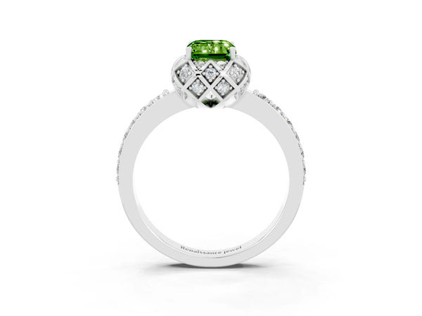 Platinum Emerald Cut Diamond Solitaire Ring with Shared Prong Pavé Band