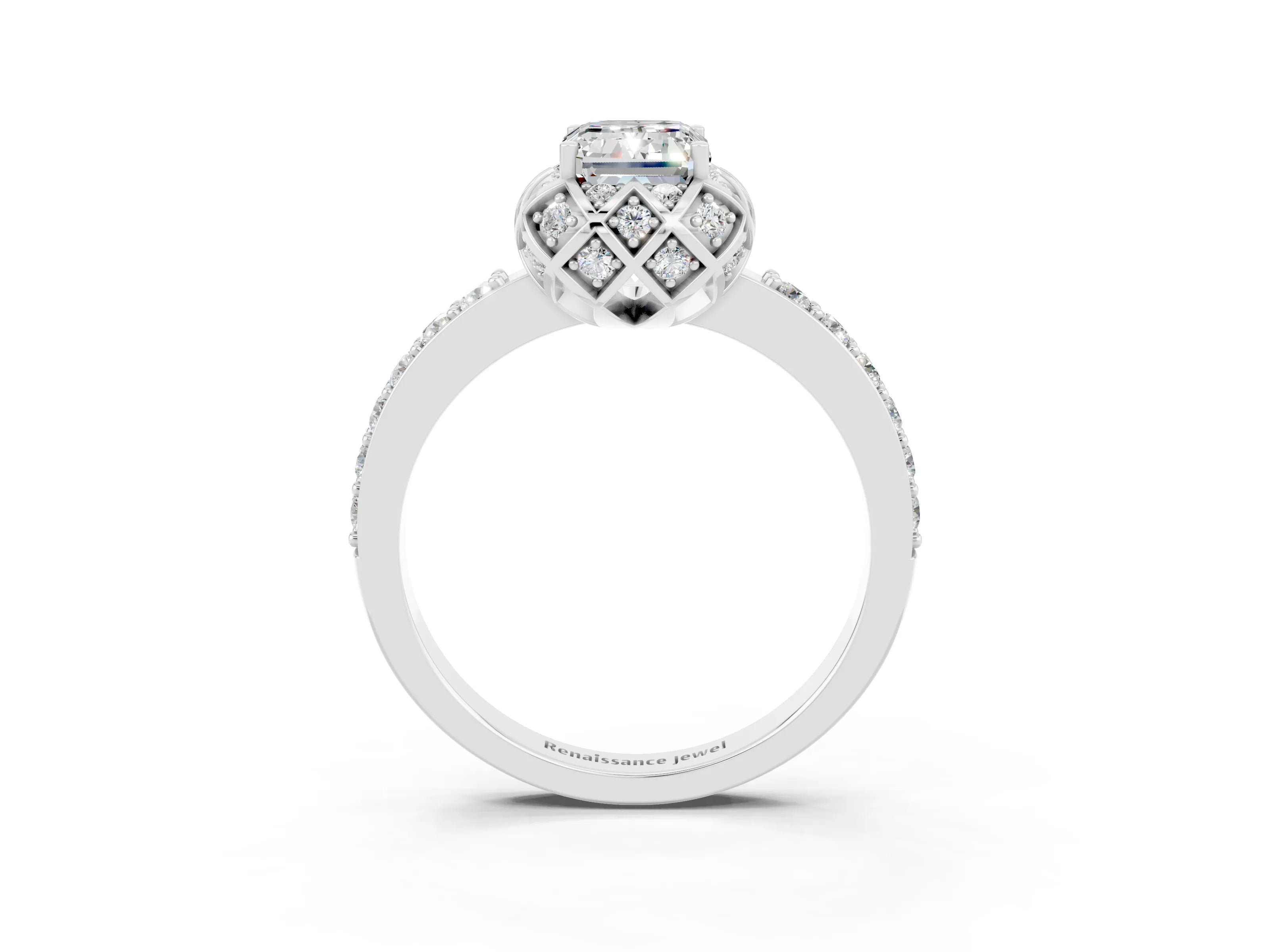 White gold Emerald Cut Diamond Solitaire Ring with Shared Prong Pavé Band_3