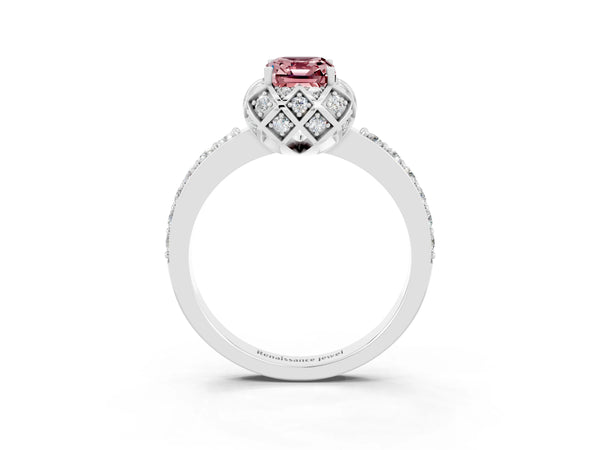 Platinum Emerald Cut Diamond Solitaire Ring with Shared Prong Pavé Band