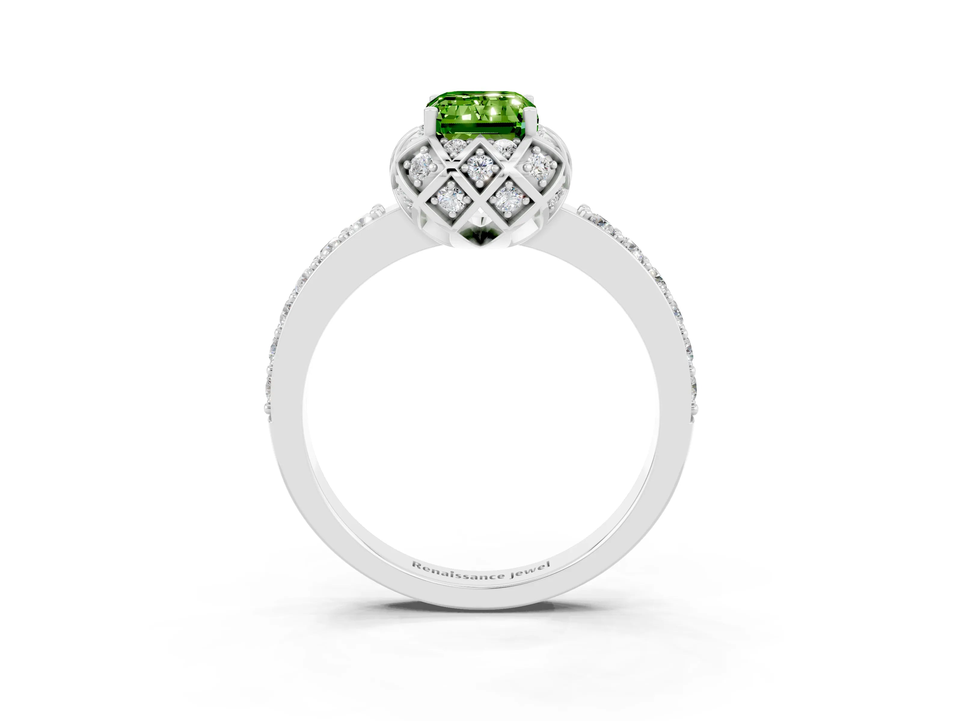 White gold Emerald Cut Diamond Solitaire Ring with Shared Prong Pavé Band_3