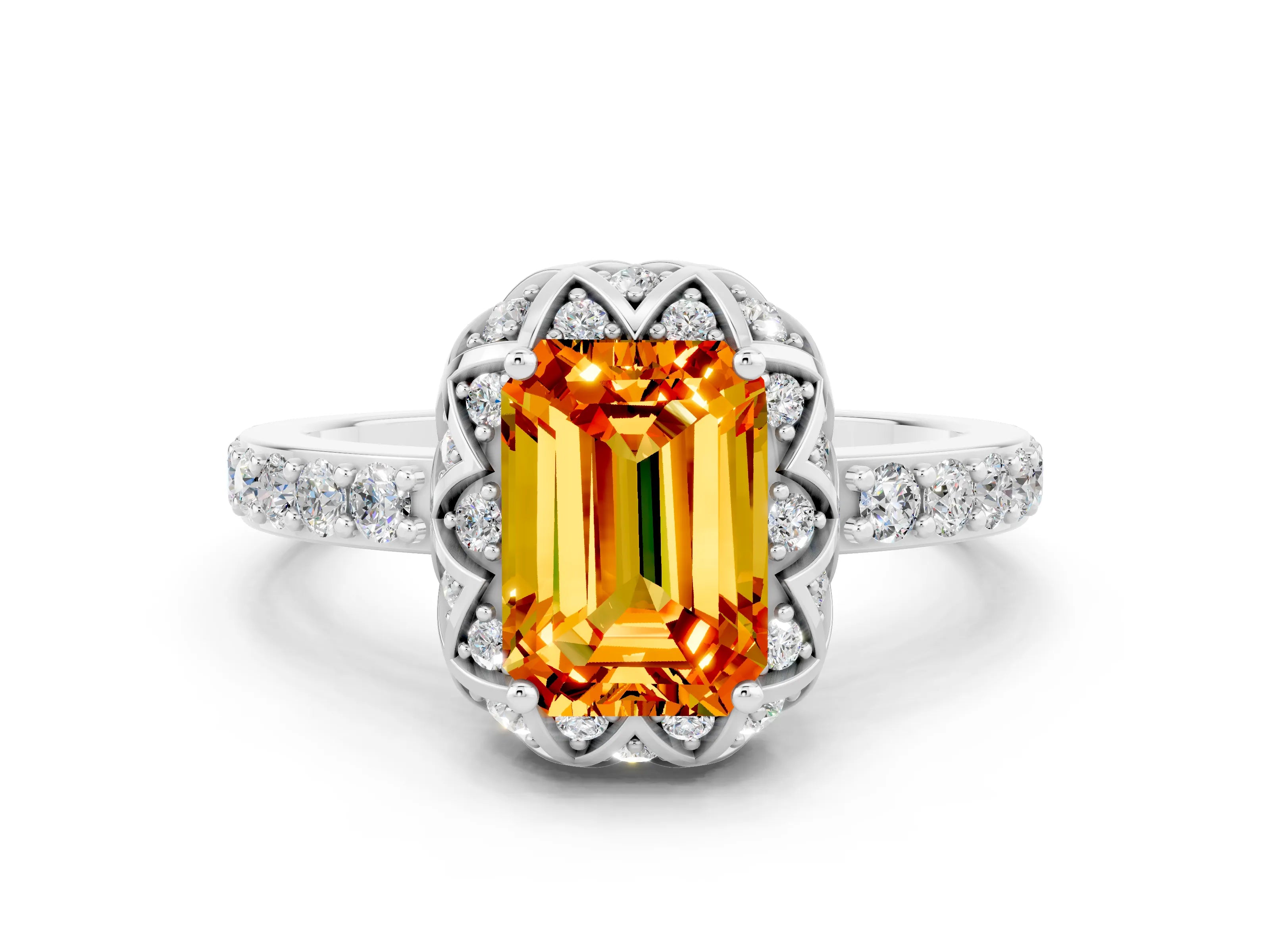 White gold Emerald Cut Diamond Solitaire Ring with Shared Prong Pavé Band