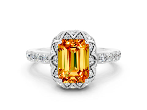 White gold Emerald Cut Diamond Solitaire Ring with Shared Prong Pavé Band