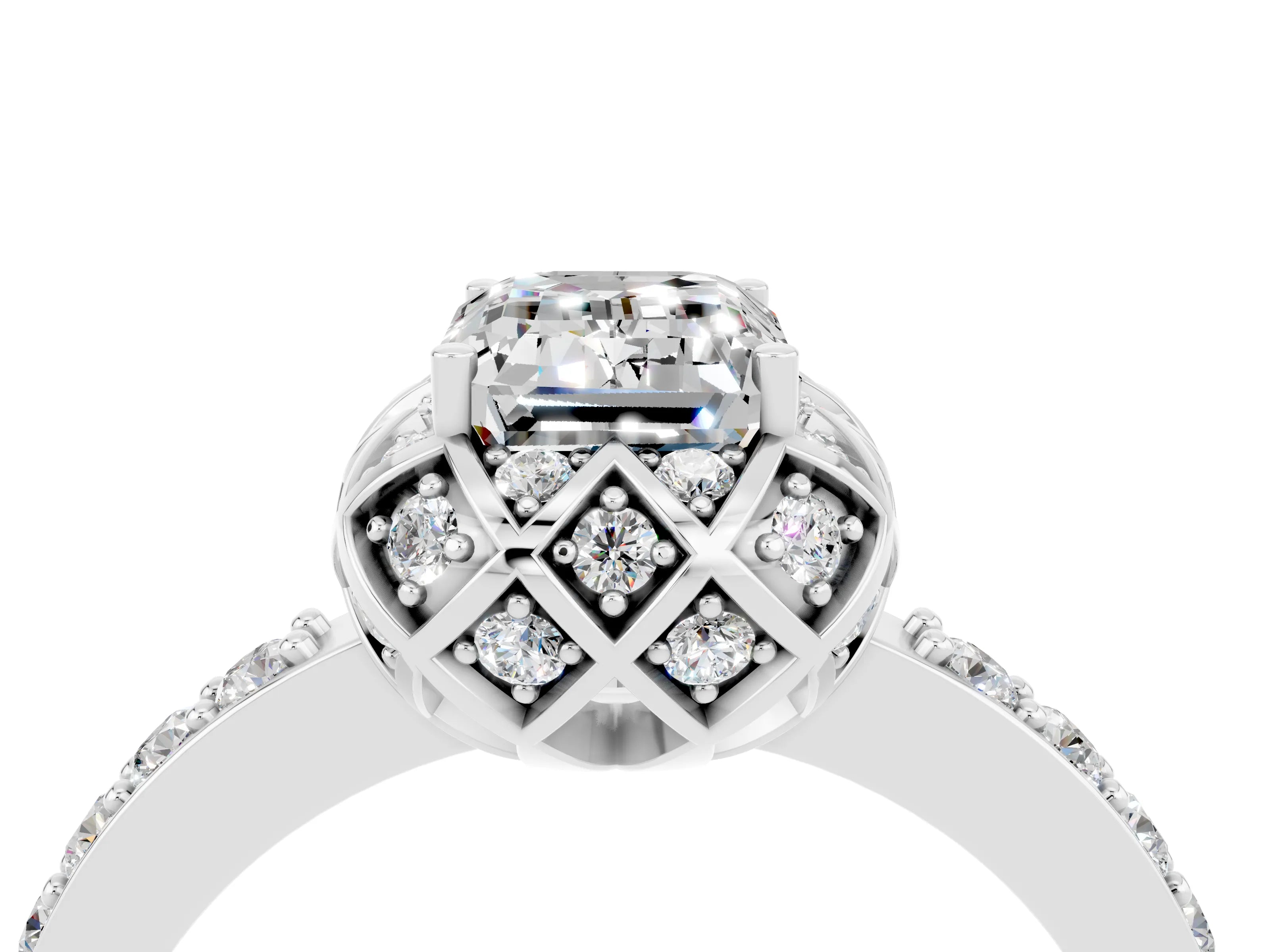 White gold Emerald Cut Diamond Solitaire Ring with Shared Prong Pavé Band_4