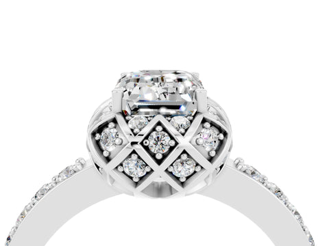 White gold Emerald Cut Diamond Solitaire Ring with Shared Prong Pavé Band_4