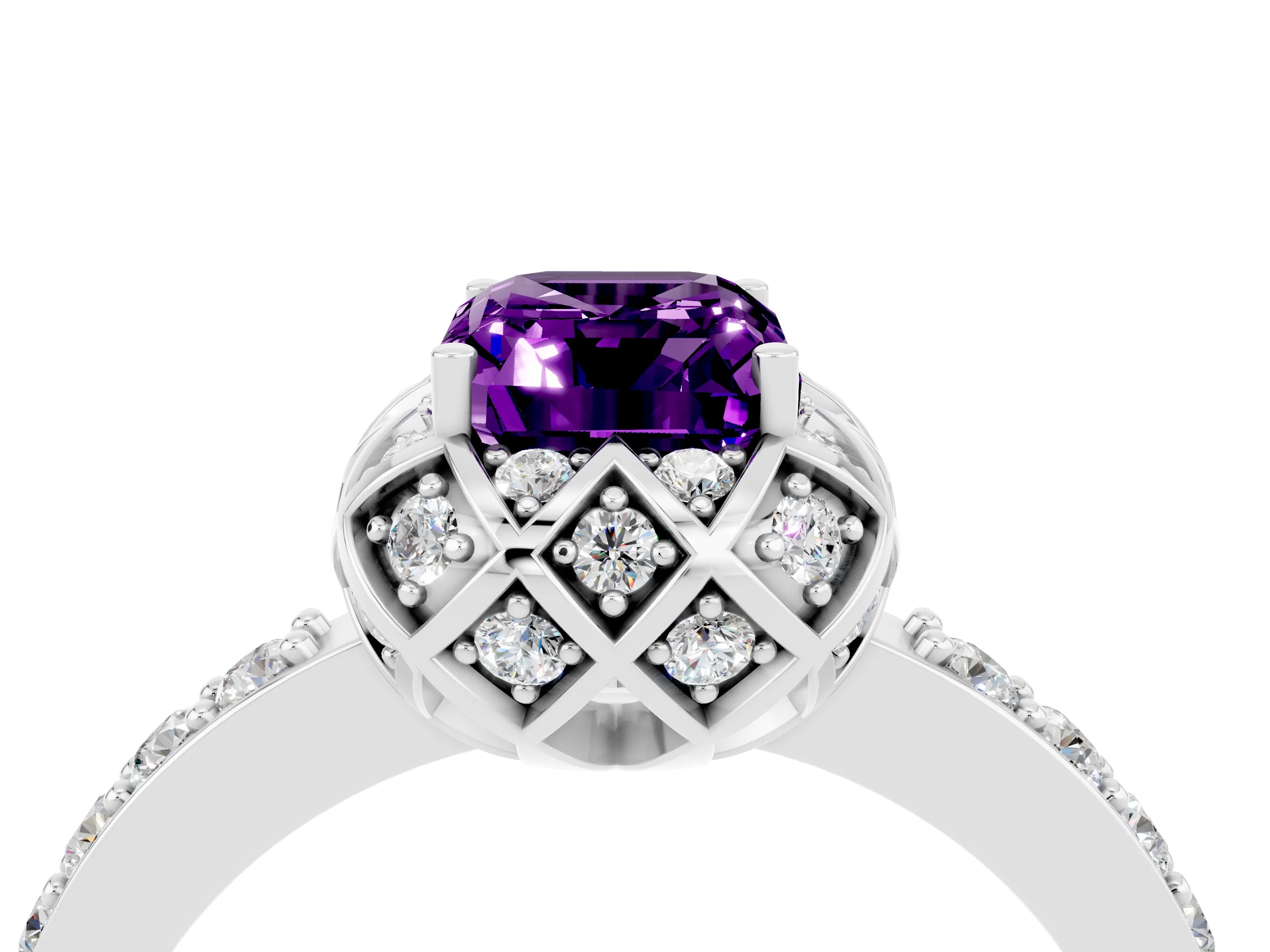 White gold Emerald Cut Diamond Solitaire Ring with Shared Prong Pavé Band_4