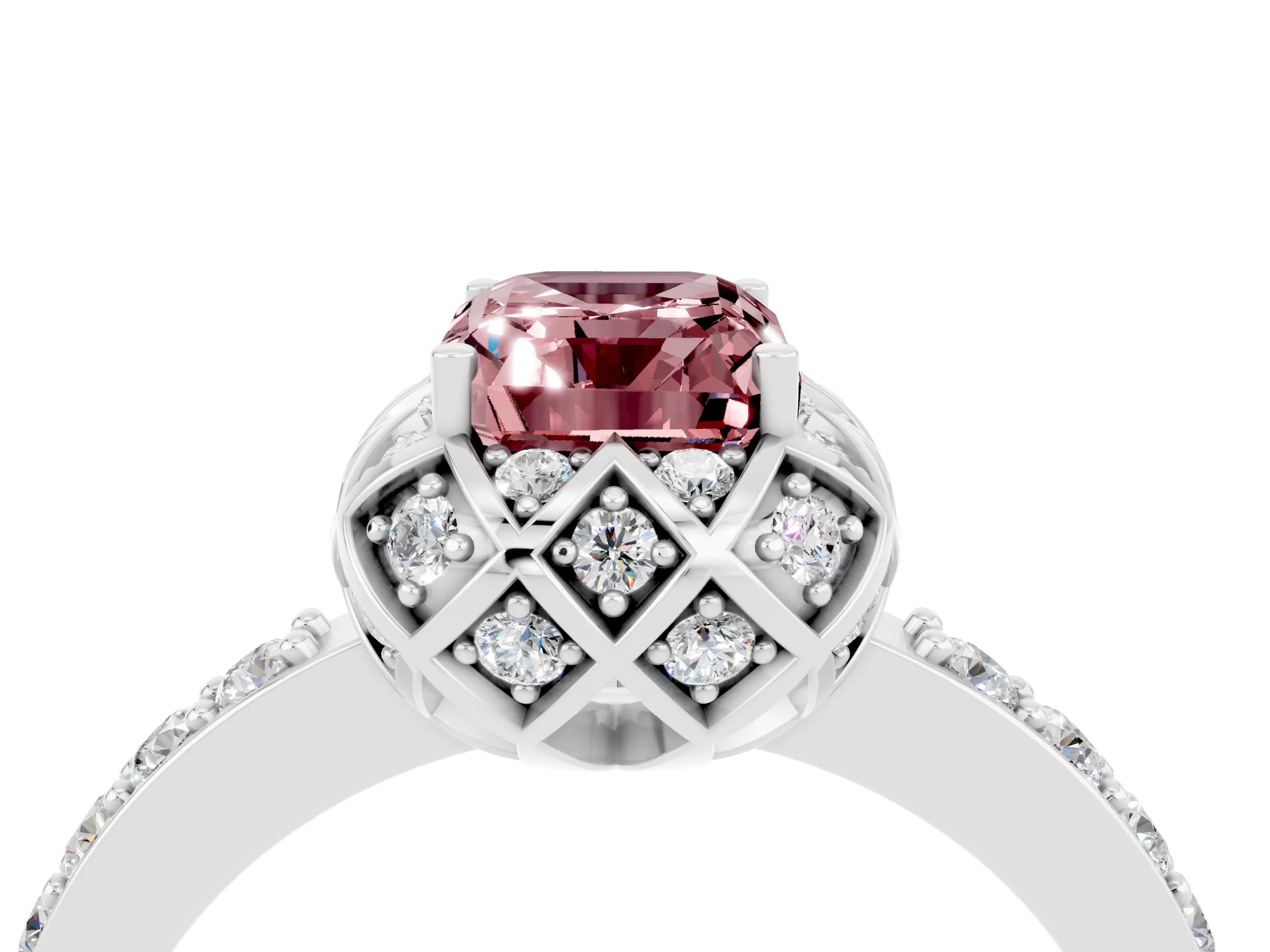 White gold Emerald Cut Diamond Solitaire Ring with Shared Prong Pavé Band_4