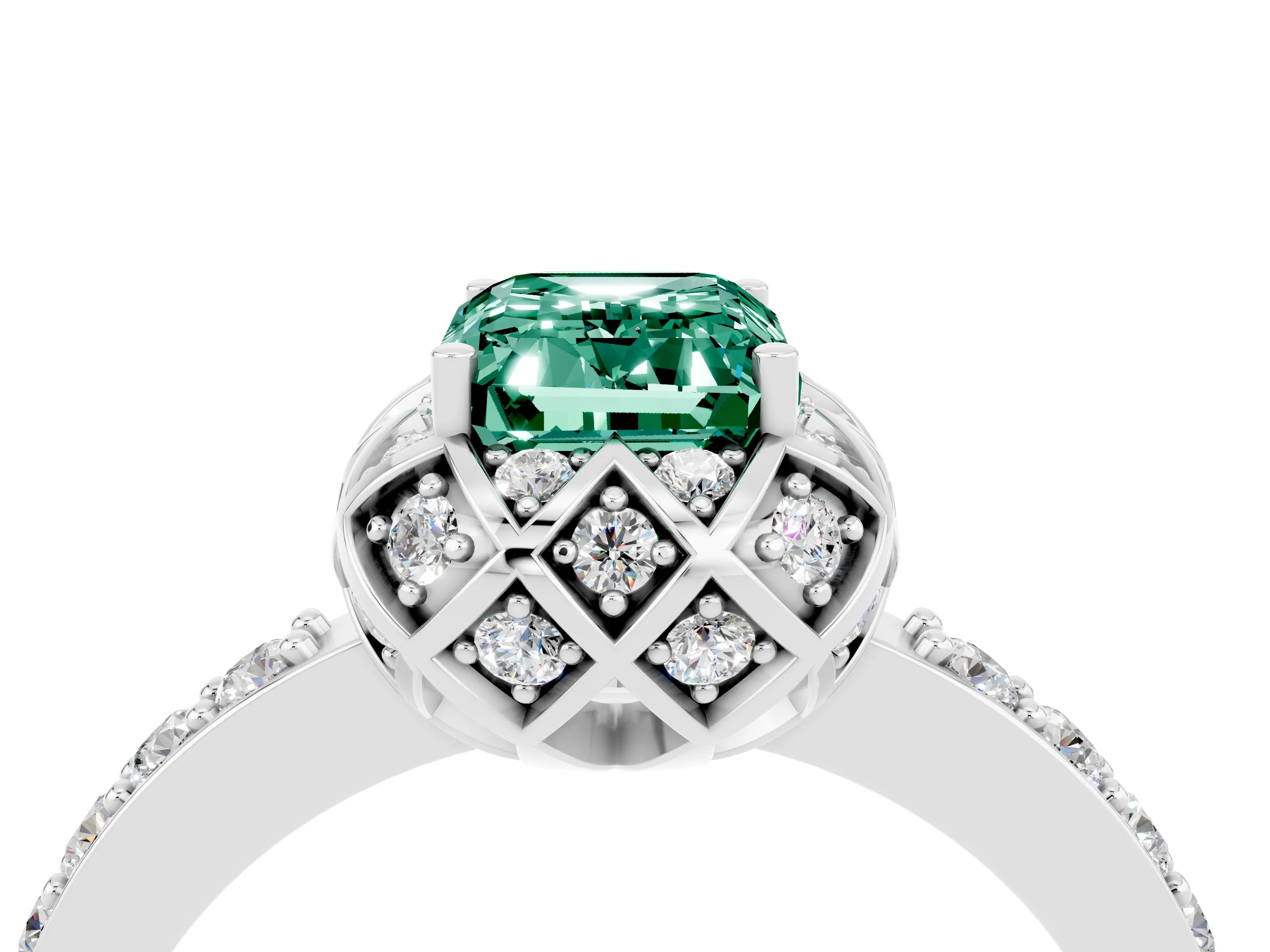 White gold Emerald Cut Diamond Solitaire Ring with Shared Prong Pavé Band_4