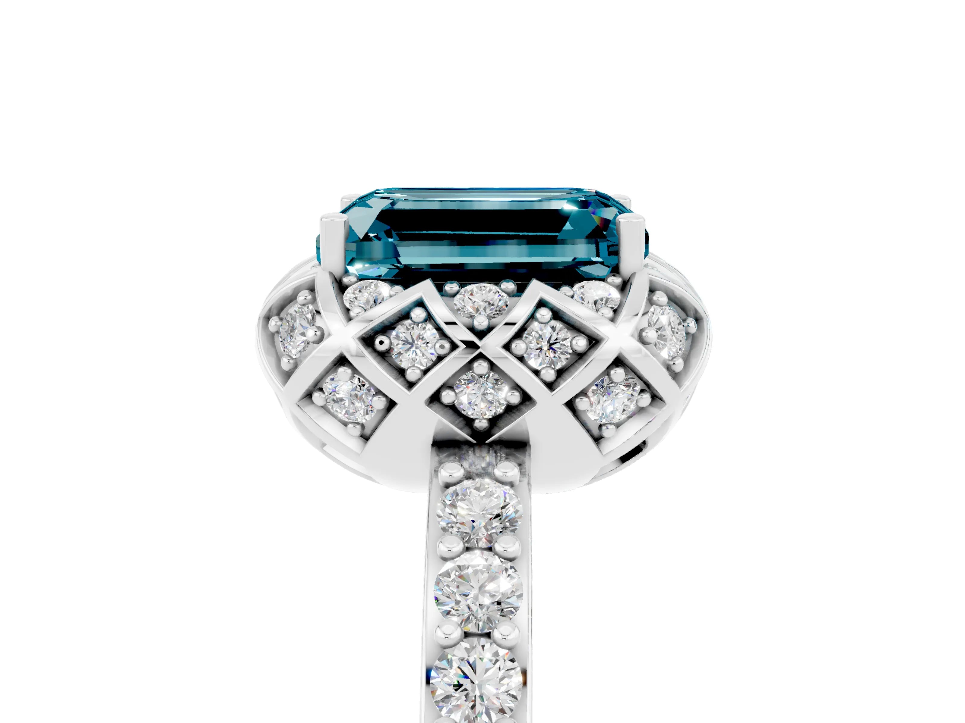 White gold Emerald Cut Diamond Solitaire Ring with Shared Prong Pavé Band_5