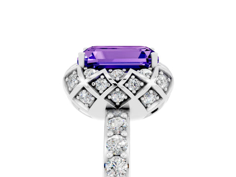White gold Emerald Cut Diamond Solitaire Ring with Shared Prong Pavé Band_5