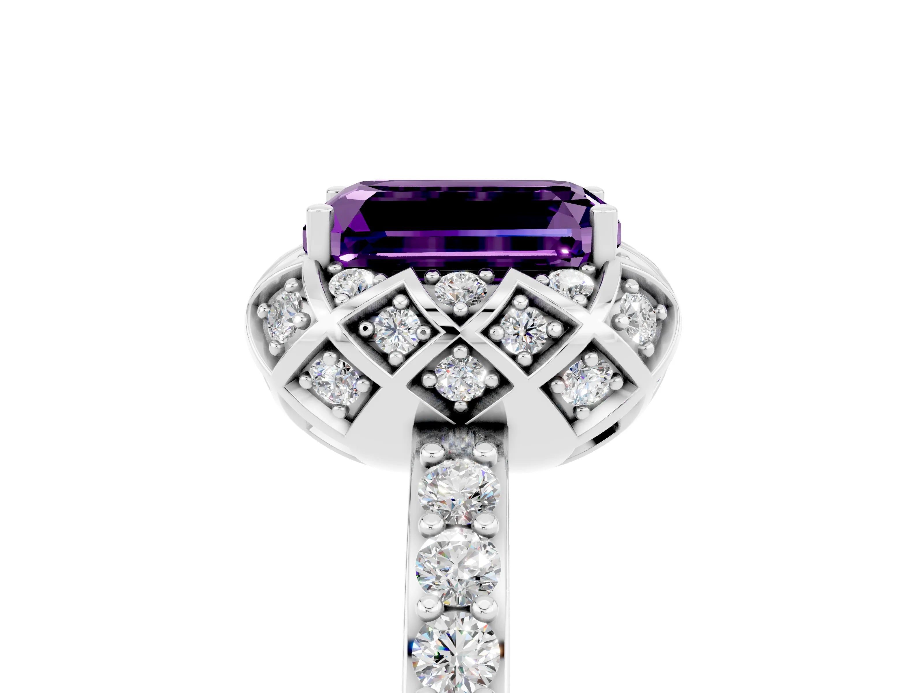 White gold Emerald Cut Diamond Solitaire Ring with Shared Prong Pavé Band_5
