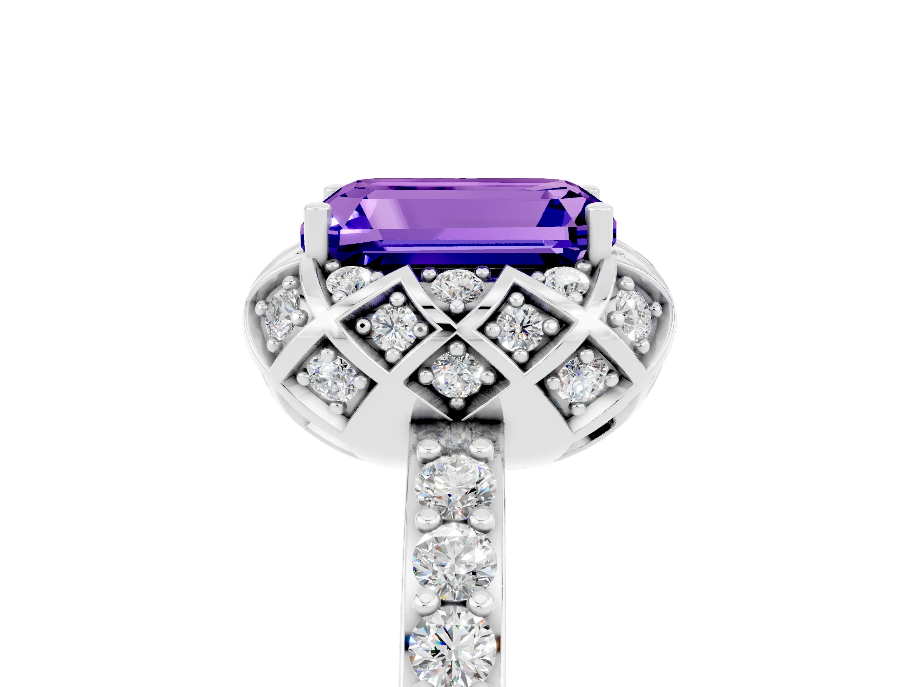 White gold Emerald Cut Diamond Solitaire Ring with Shared Prong Pavé Band_5