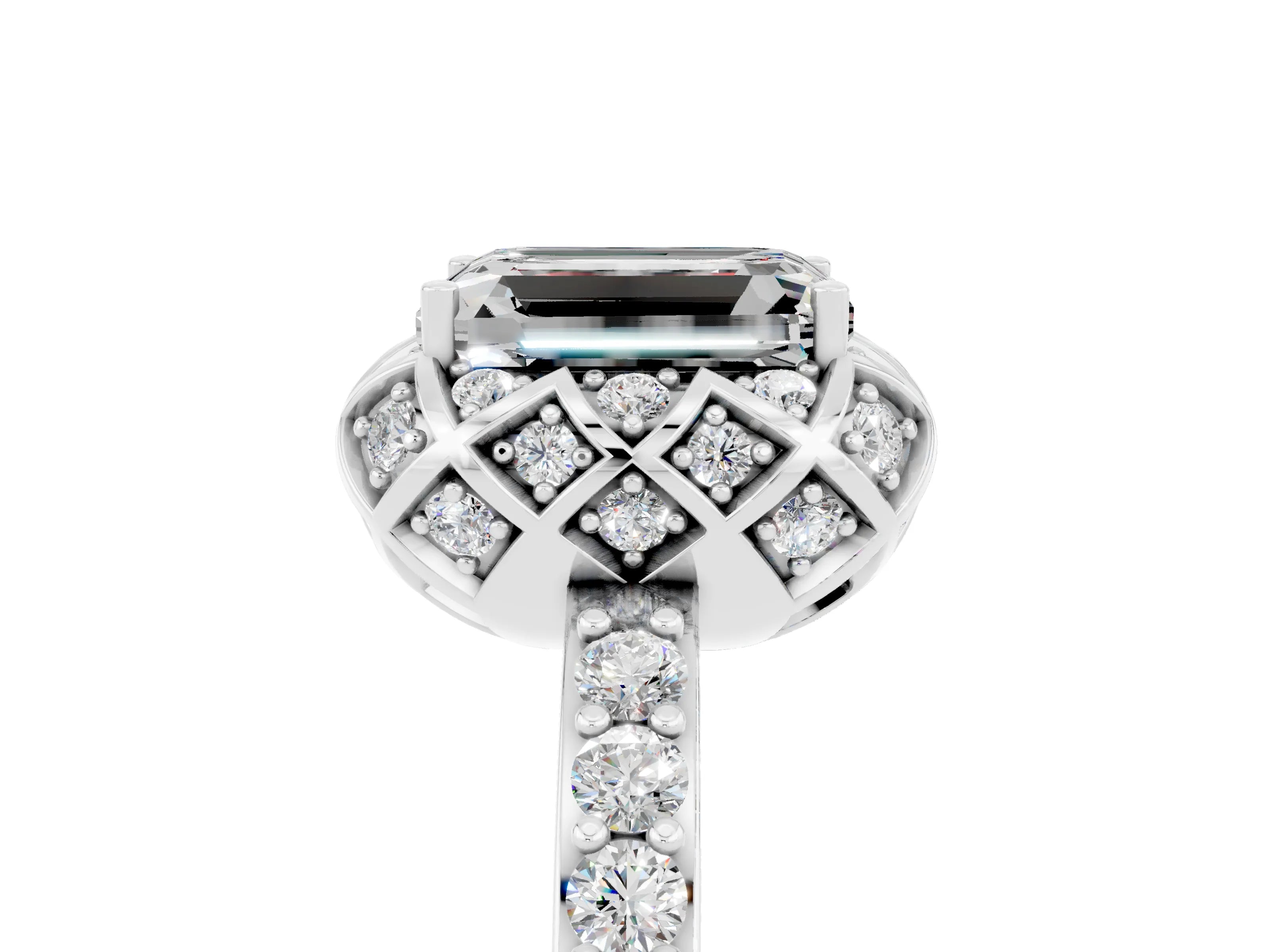 White gold Emerald Cut Diamond Solitaire Ring with Shared Prong Pavé Band_5