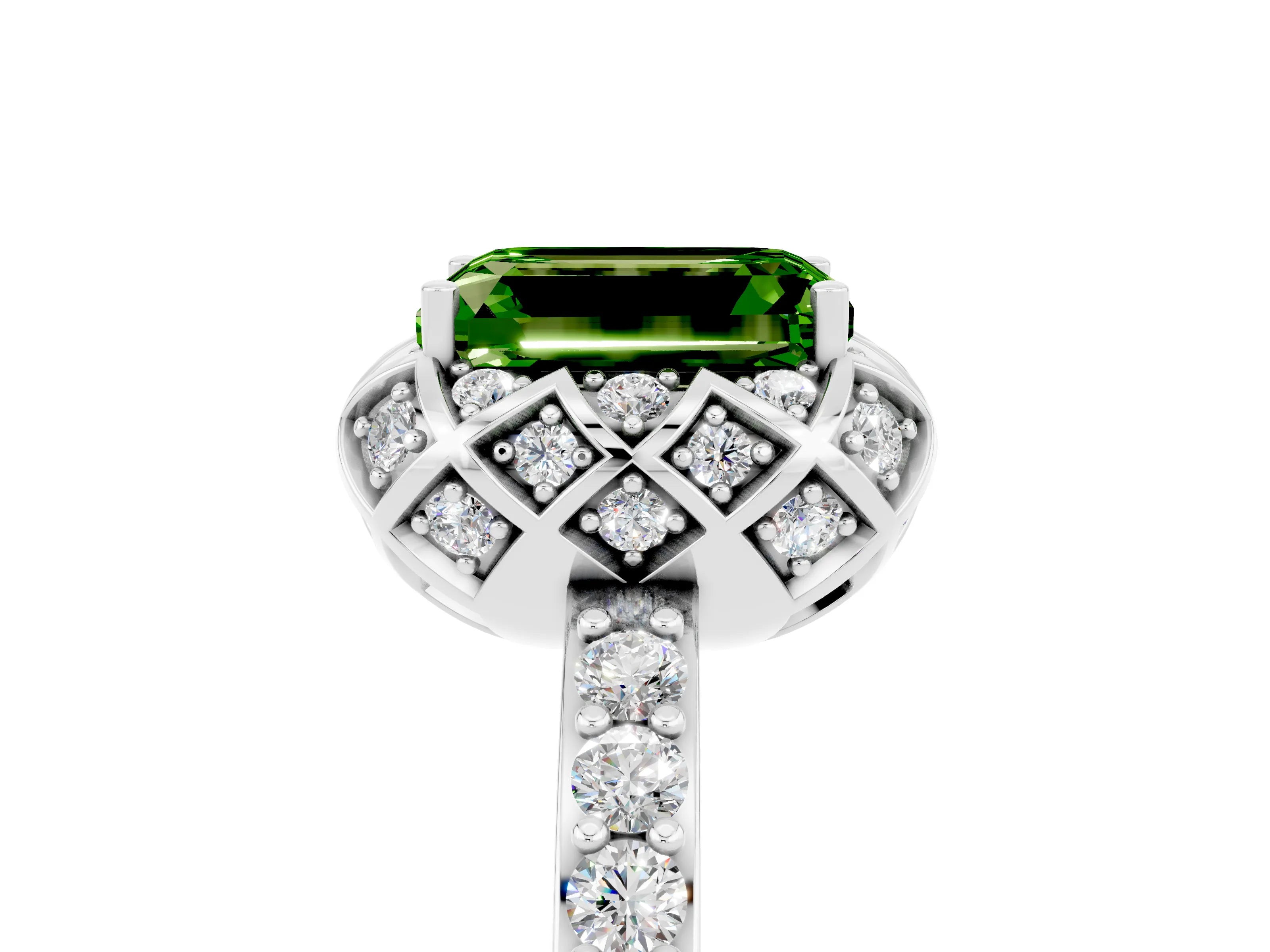 White gold Emerald Cut Diamond Solitaire Ring with Shared Prong Pavé Band_5