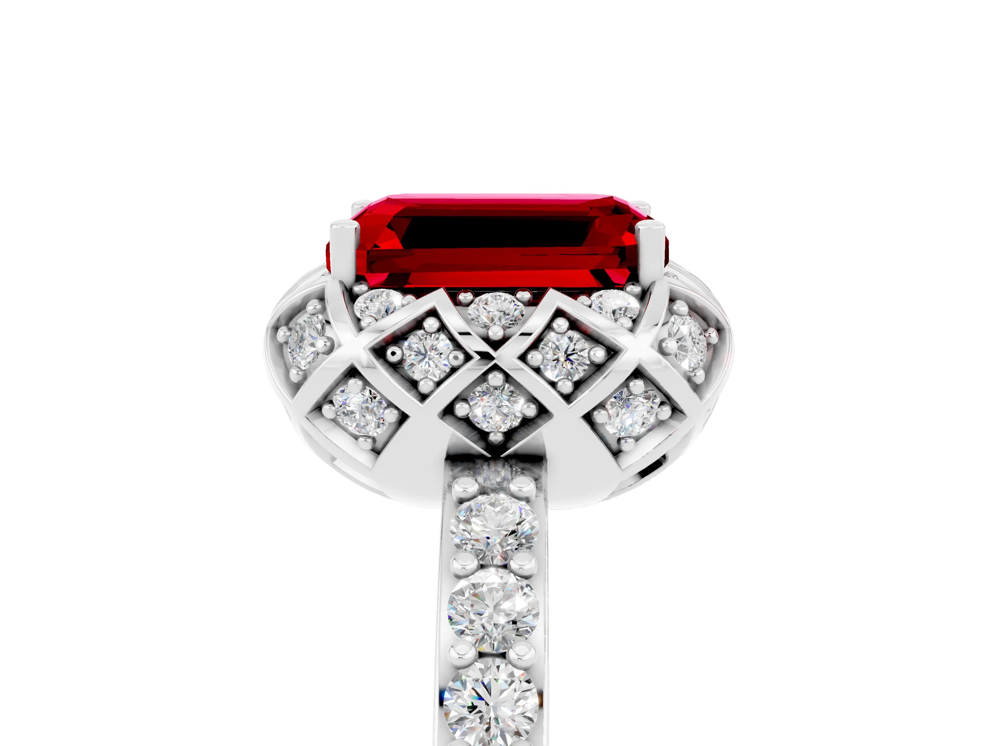 White gold Emerald Cut Diamond Solitaire Ring with Shared Prong Pavé Band_5
