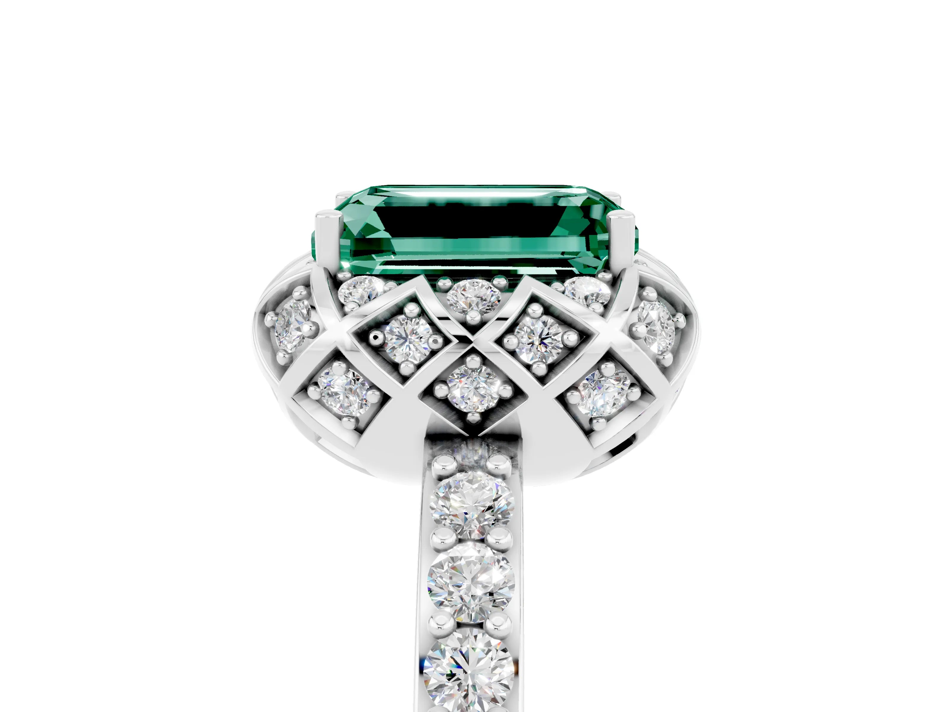 White gold Emerald Cut Diamond Solitaire Ring with Shared Prong Pavé Band_5