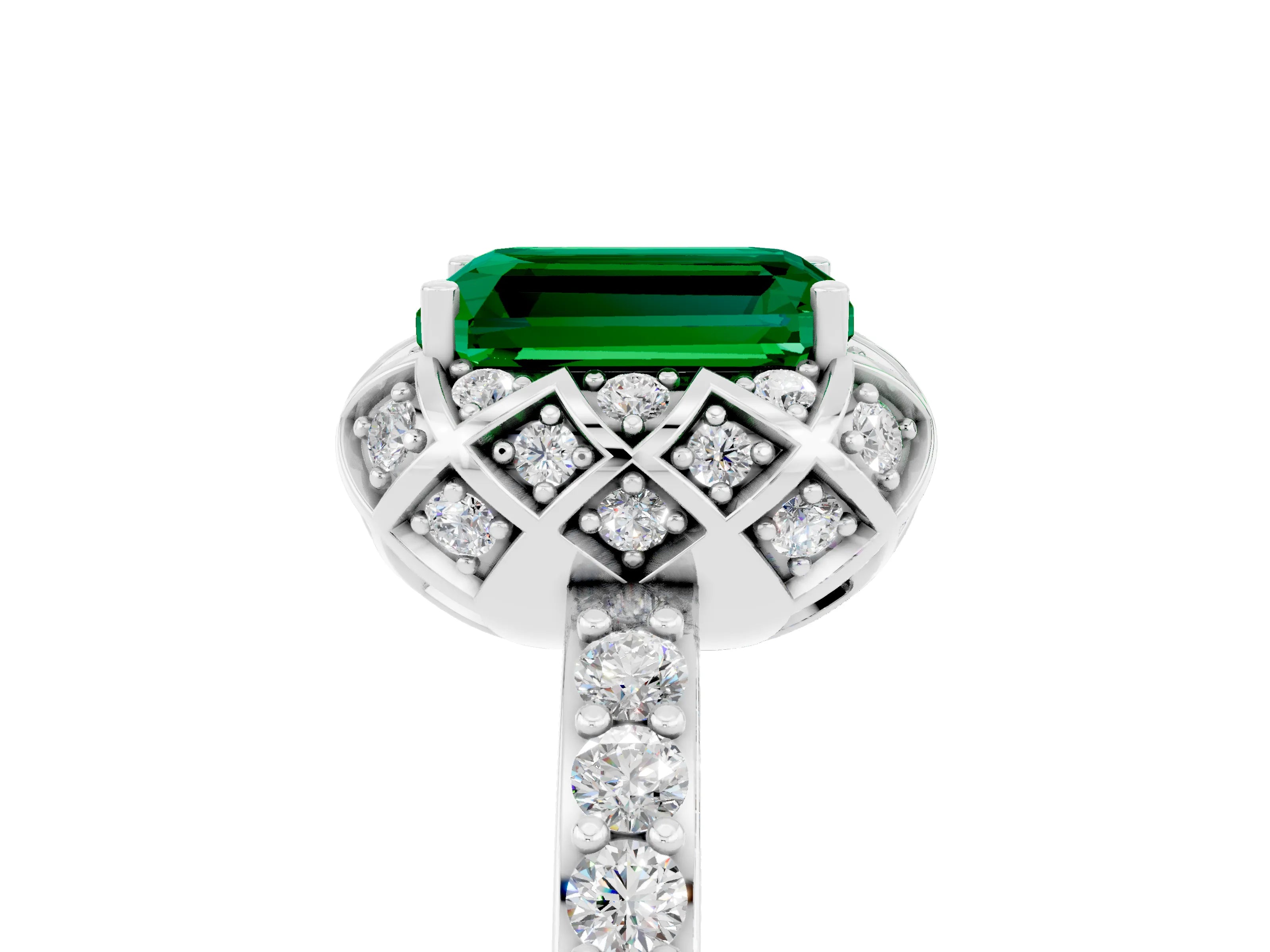 White gold Emerald Cut Diamond Solitaire Ring with Shared Prong Pavé Band_5