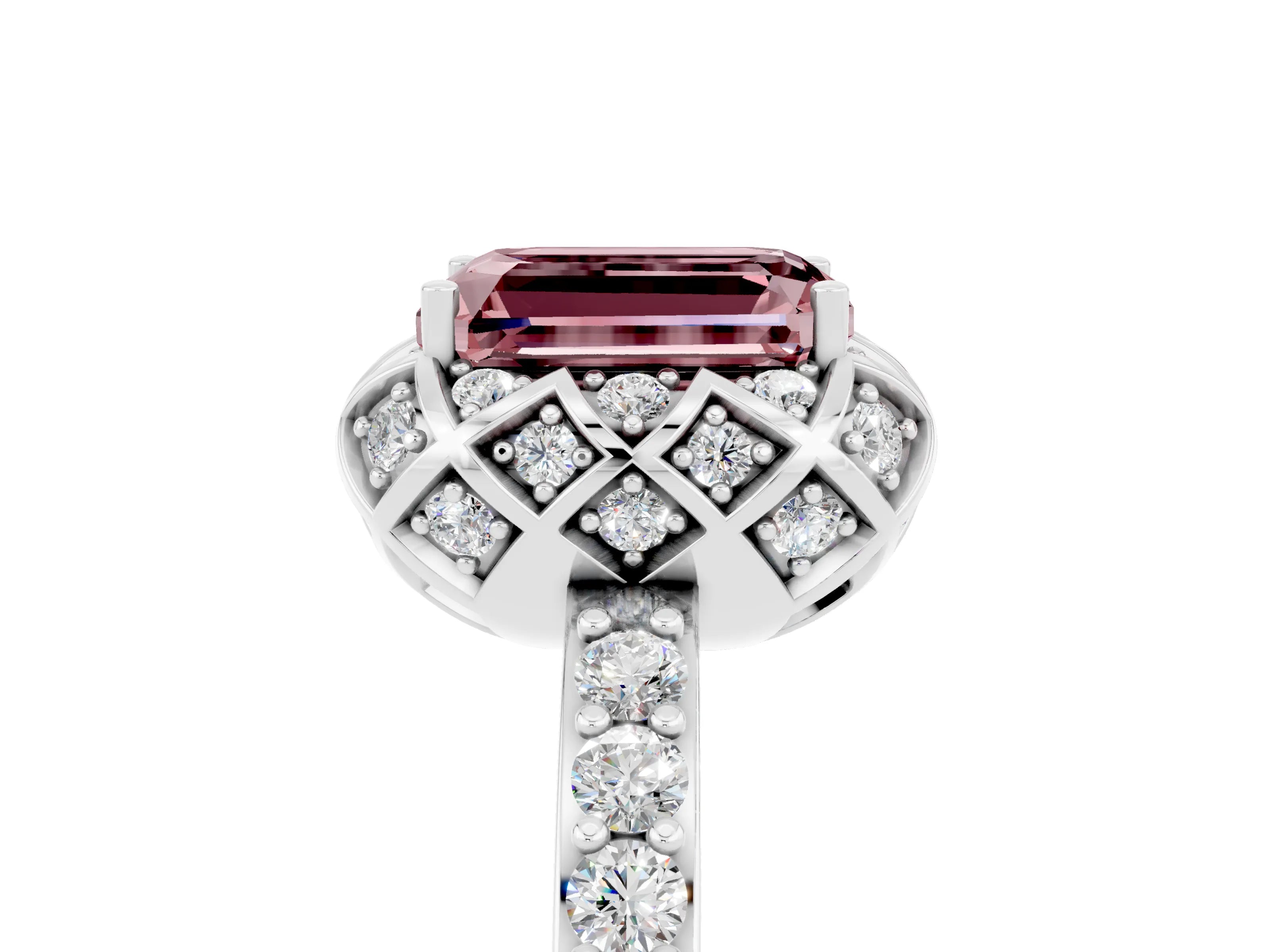 White gold Emerald Cut Diamond Solitaire Ring with Shared Prong Pavé Band_5