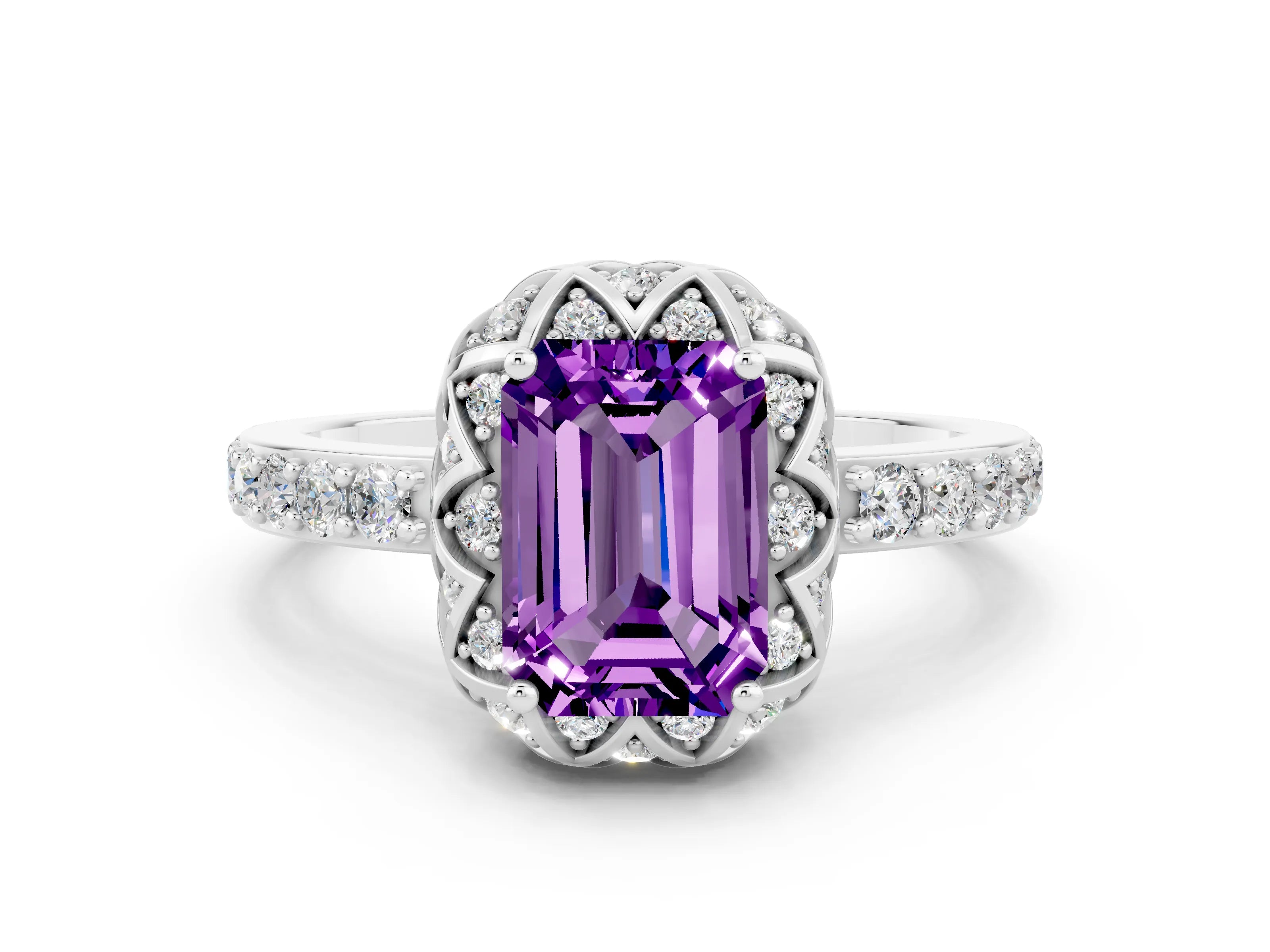 White gold Emerald Cut Diamond Solitaire Ring with Shared Prong Pavé Band