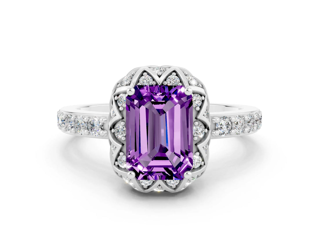 White gold Emerald Cut Diamond Solitaire Ring with Shared Prong Pavé Band