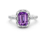 White gold Emerald Cut Diamond Solitaire Ring with Shared Prong Pavé Band