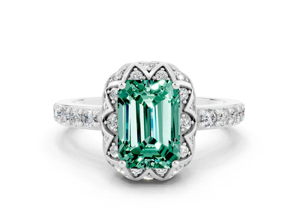 Silver Emerald Cut Green Sapphire Scalloped Halo Engagement Ring with Round Shared Prong Band