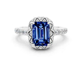 White gold Emerald Cut Diamond Solitaire Ring with Shared Prong Pavé Band