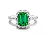 White gold Emerald Cut Diamond Solitaire Ring with Shared Prong Pavé Band