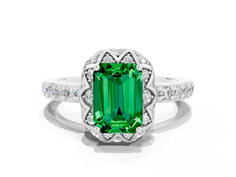 White gold Emerald Cut Diamond Solitaire Ring with Shared Prong Pavé Band