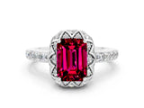 White gold Emerald Cut Diamond Solitaire Ring with Shared Prong Pavé Band