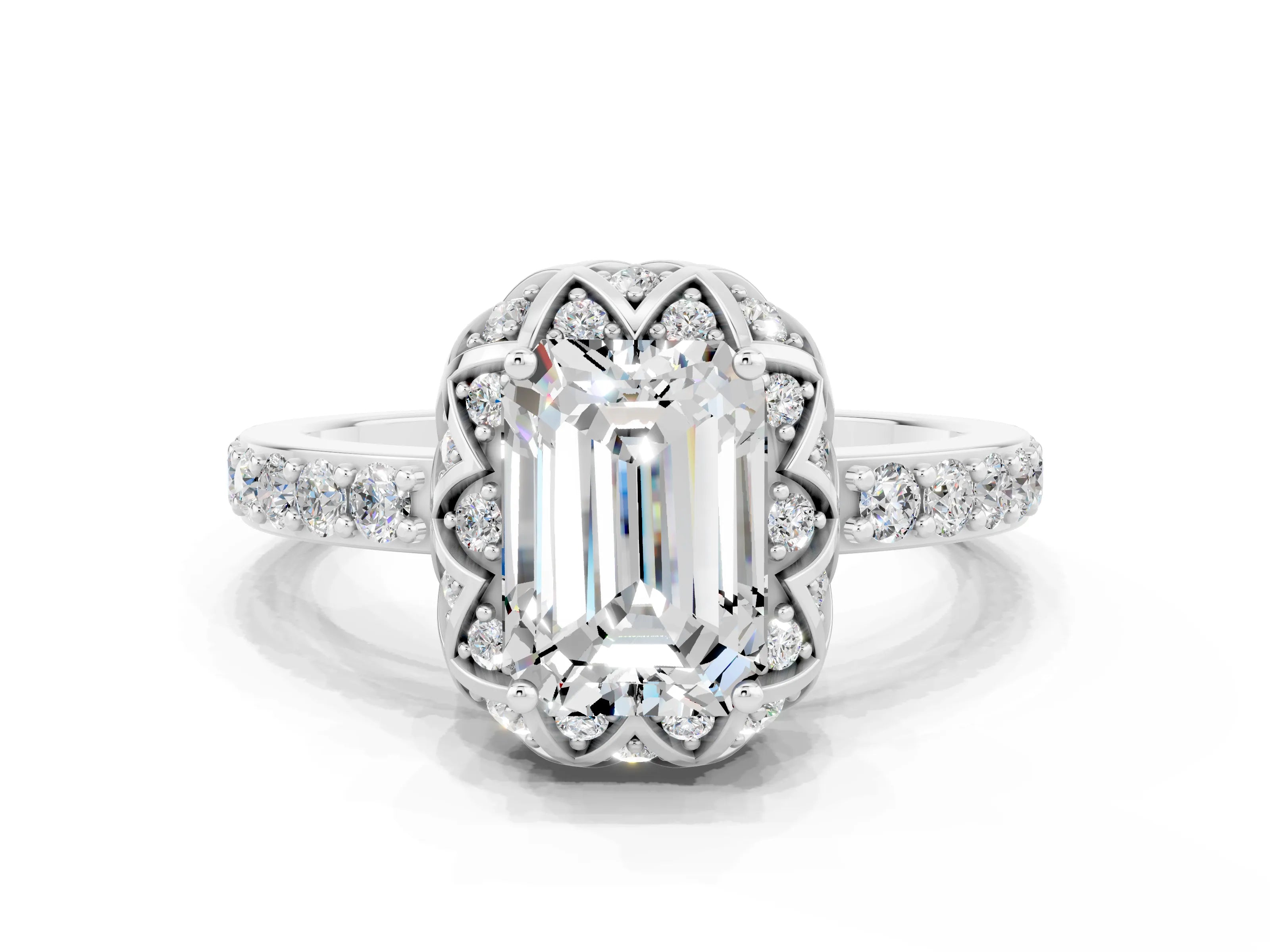 White gold Emerald Cut Diamond Solitaire Ring with Shared Prong Pavé Band