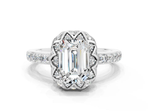 White gold Emerald Cut Diamond Solitaire Ring with Shared Prong Pavé Band