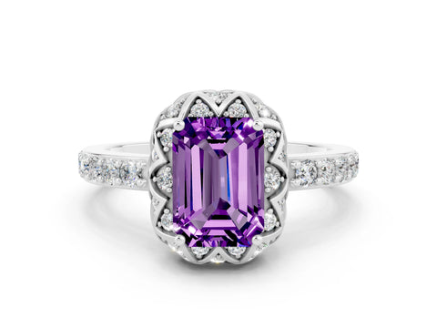 White gold Emerald Cut Diamond Solitaire Ring with Shared Prong Pavé Band