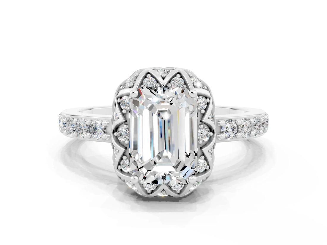 White gold Emerald Cut Diamond Solitaire Ring with Shared Prong Pavé Band