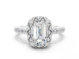 White gold Emerald Cut Diamond Solitaire Ring with Shared Prong Pavé Band