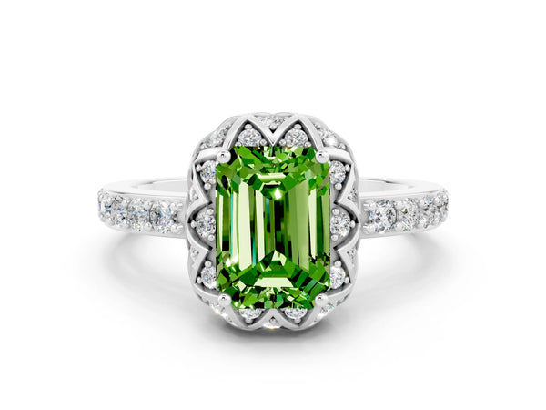 Platinum Emerald Cut Diamond Solitaire Ring with Shared Prong Pavé Band