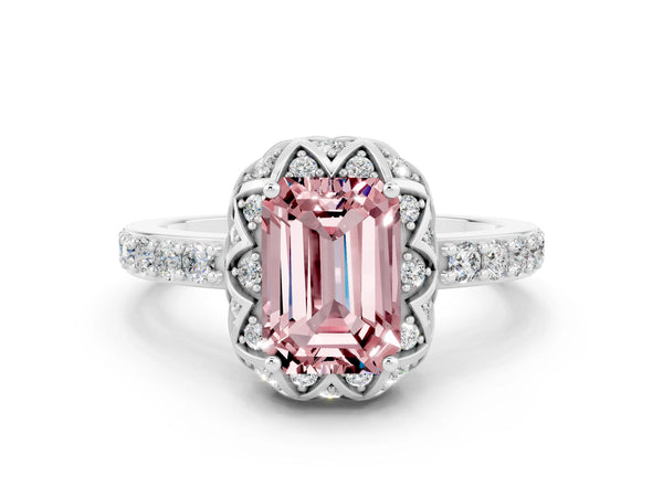 White gold Emerald Cut Diamond Solitaire Ring with Shared Prong Pavé Band