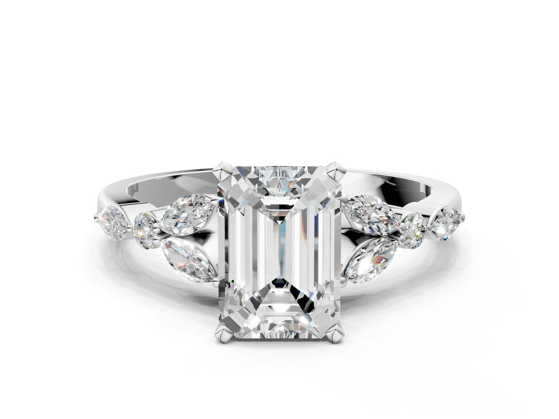 White gold Emerald Cut Diamond Solitaire Ring with Side Stones and Four-Prong Setting_421