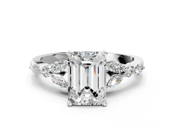 White gold Emerald Cut Diamond Solitaire Ring with Side Stones and Four-Prong Setting