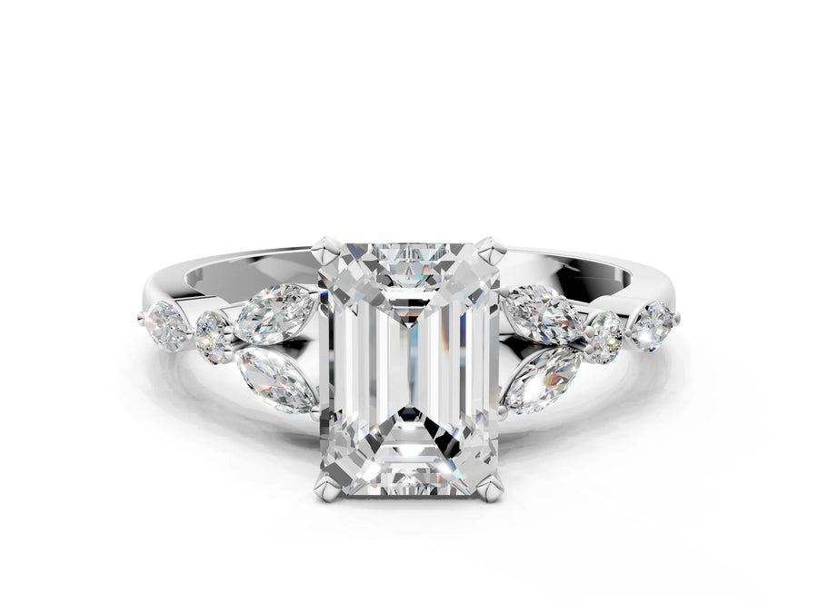White gold Emerald Cut Diamond Solitaire Ring with Side Stones and Four-Prong Setting
