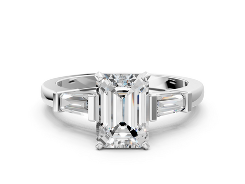 White gold Emerald Cut Diamond Solitaire Ring with Tapered Baguette Accents and Four-Prong Setting_115