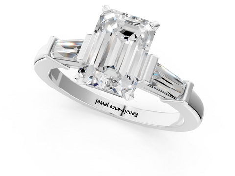 White gold Emerald Cut Diamond Solitaire Ring with Tapered Baguette Accents and Four-Prong Setting_116