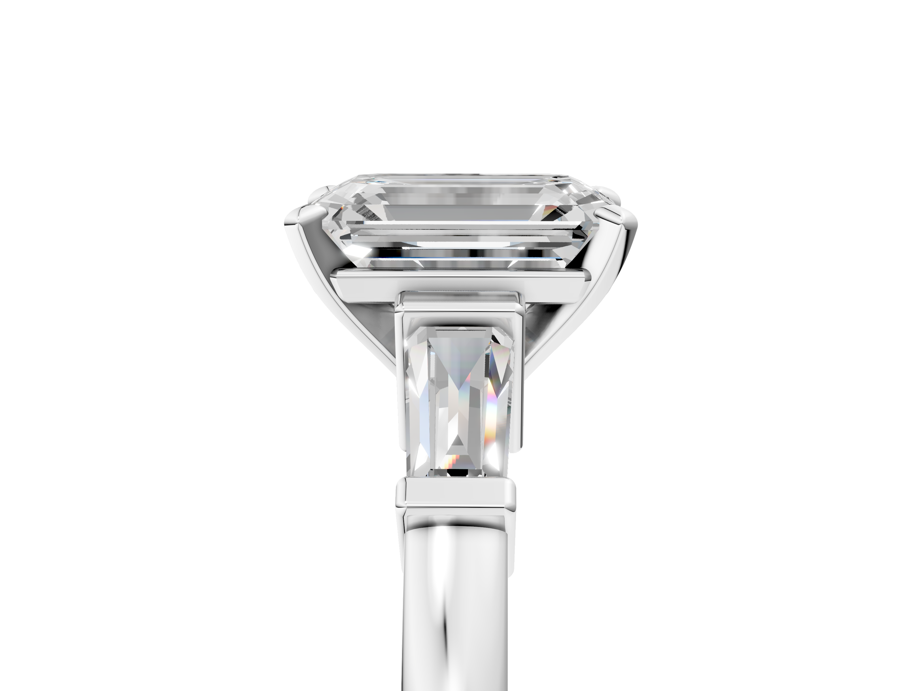 White gold Emerald Cut Diamond Solitaire Ring with Tapered Baguette Accents and Four-Prong Setting_120