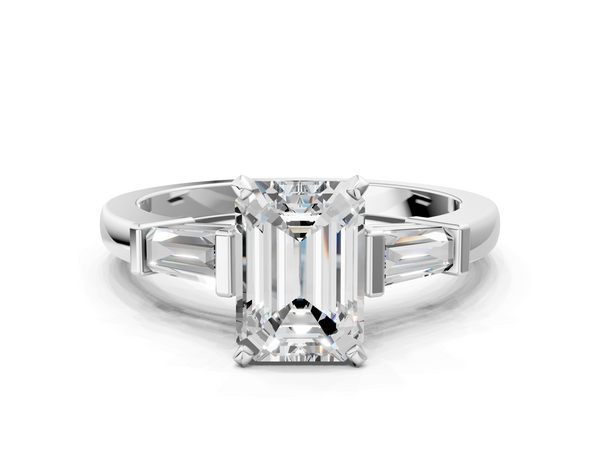 White Gold Emerald Cut Three Stone Engagement Ring Setting with Tapered Baguettes