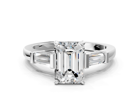 White gold Emerald Cut Diamond Solitaire Ring with Tapered Baguette Accents and Four-Prong Setting_128