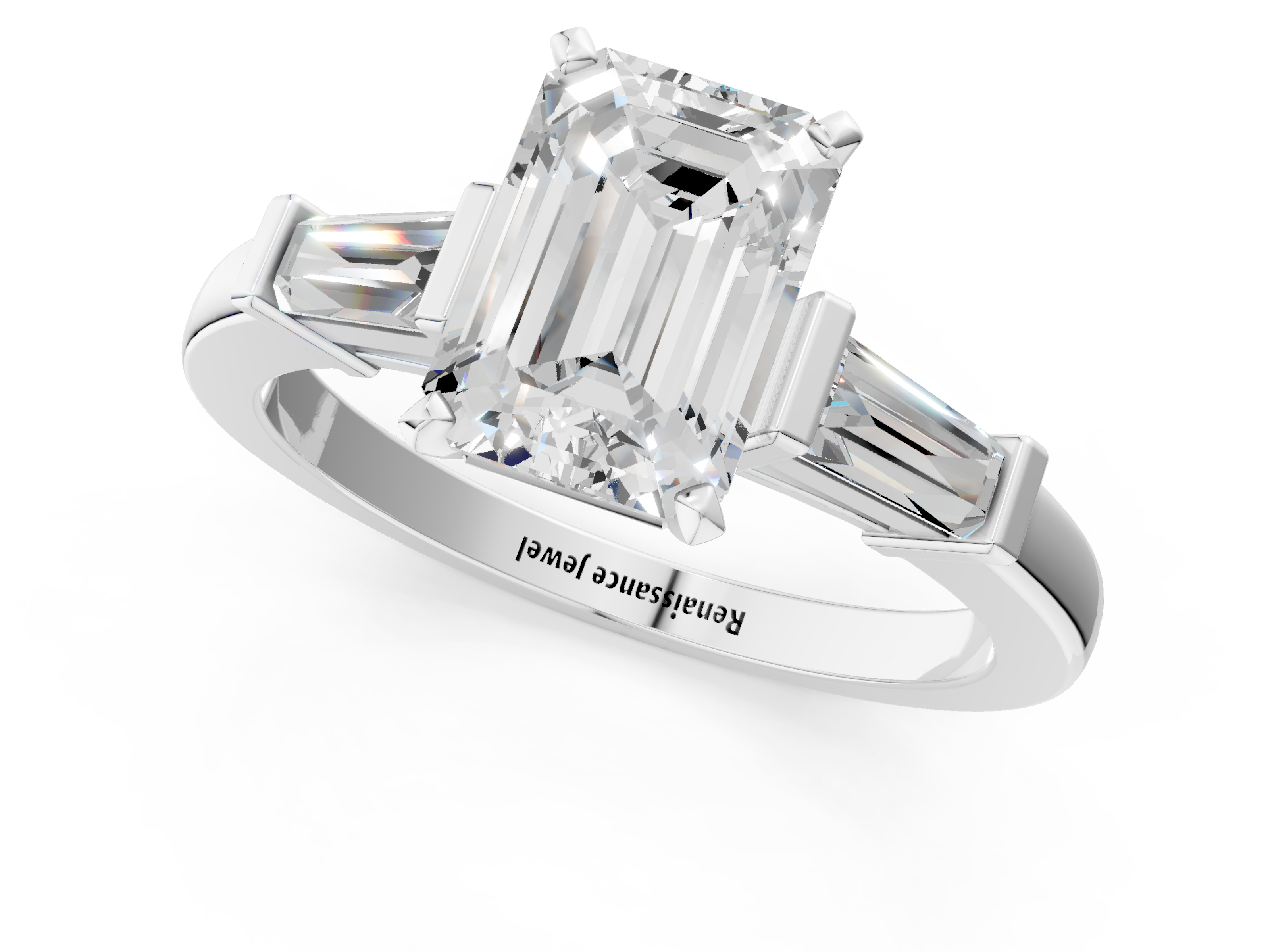 White gold Emerald Cut Diamond Solitaire Ring with Tapered Baguette Accents and Four-Prong Setting_129