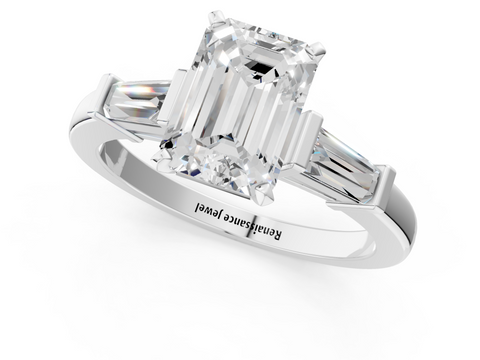 White gold Emerald Cut Diamond Solitaire Ring with Tapered Baguette Accents and Four-Prong Setting_129