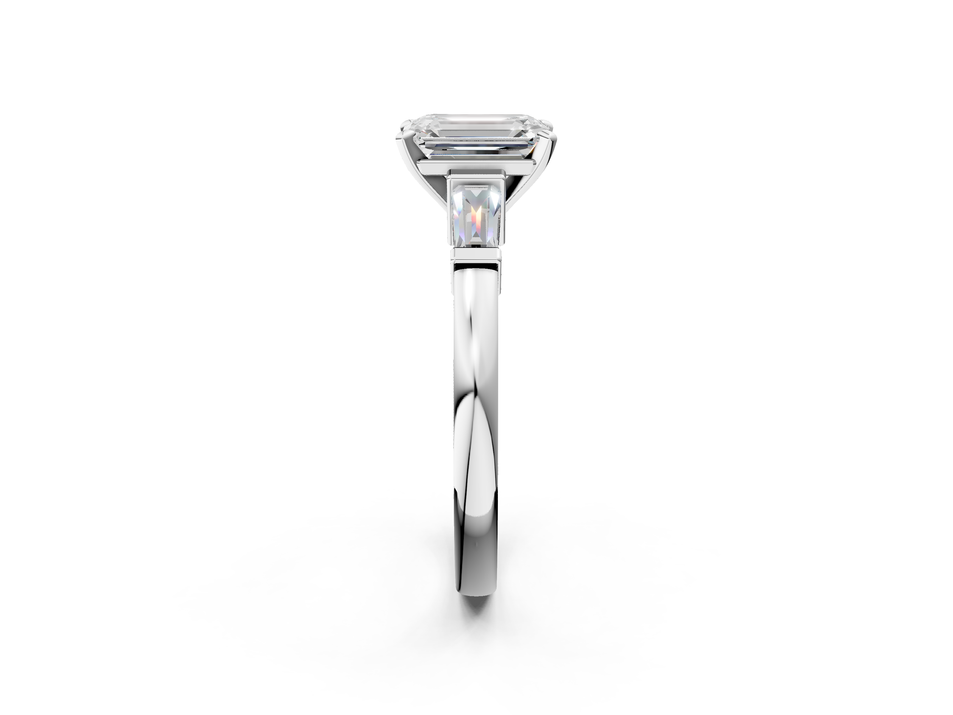 White gold Emerald Cut Diamond Solitaire Ring with Tapered Baguette Accents and Four-Prong Setting_130