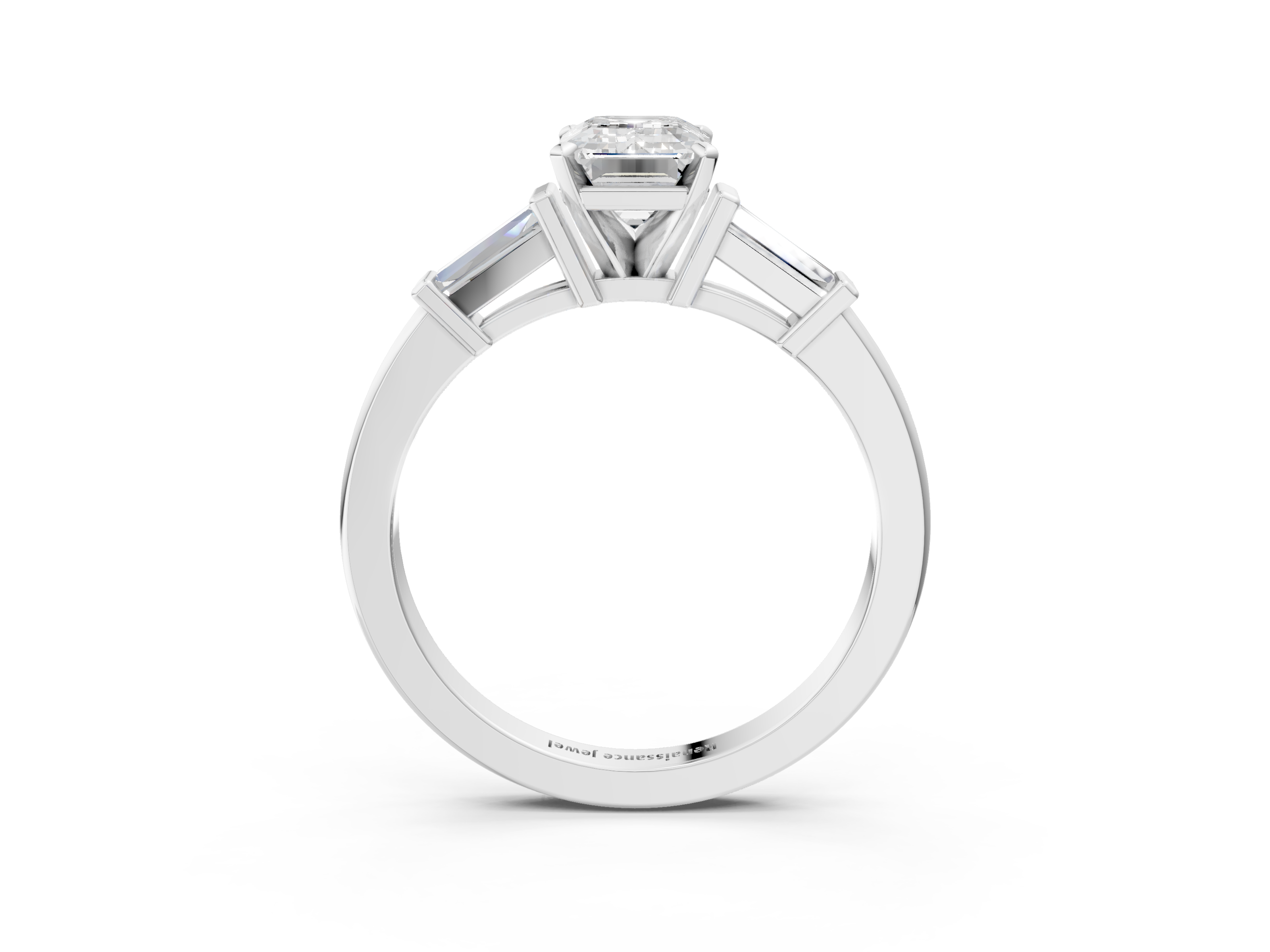White gold Emerald Cut Diamond Solitaire Ring with Tapered Baguette Accents and Four-Prong Setting_131